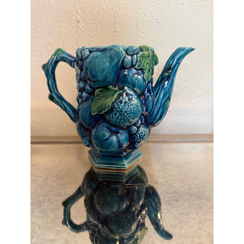 Vintage Japan Majolica Fruit Teapot Teal Blue McM Ceramic boho cottage retro dai